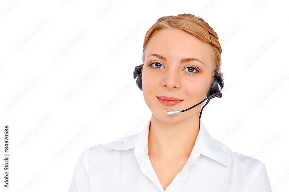 Support phone operator in headset, blonde girl, isolated Support phone operator in headset, blonde girl, isolated