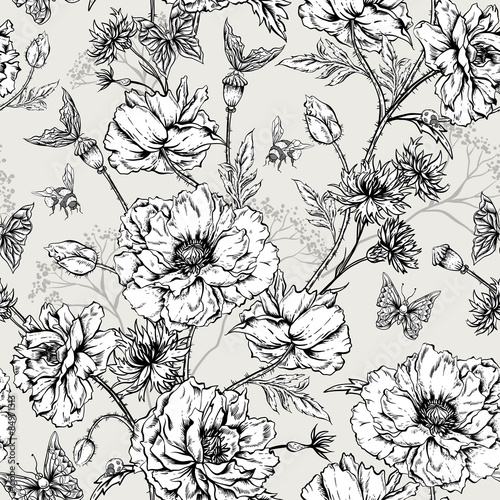 Fototapeta Naklejka Na Ścianę i Meble -  Summer Monochrome Vintage Floral Seamless Pattern with Blooming
