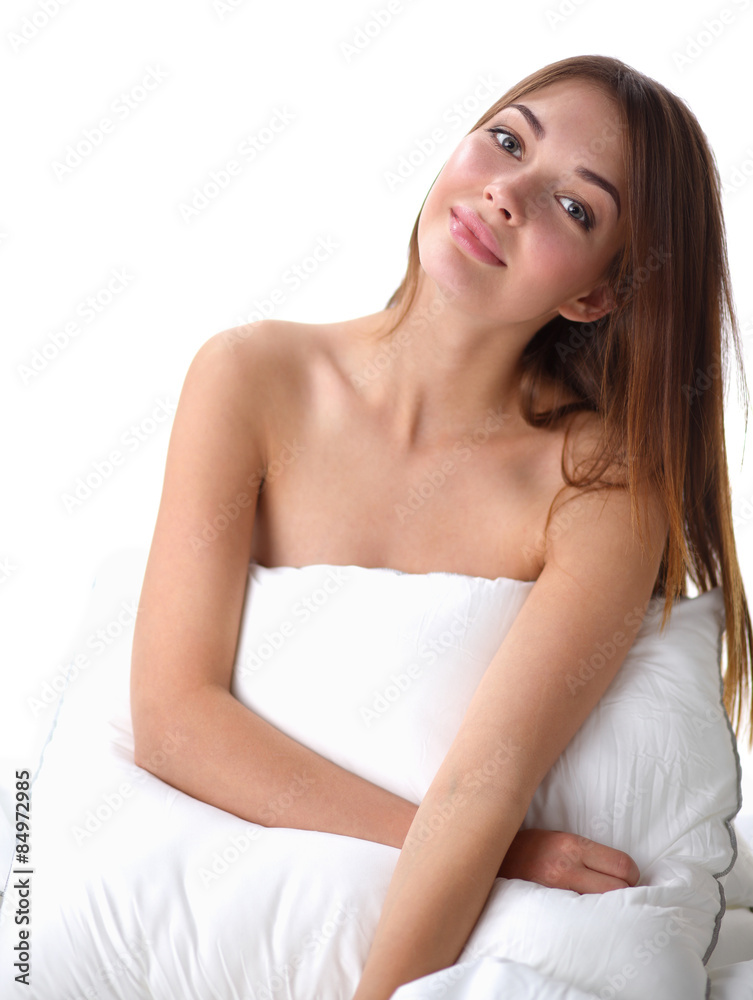 Portrait of beautiful woman on bed at bedroom Portrait of beautiful woman on bed at bedroom