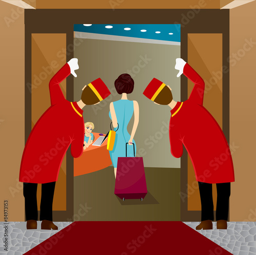 two bellhops looking at woman leaving