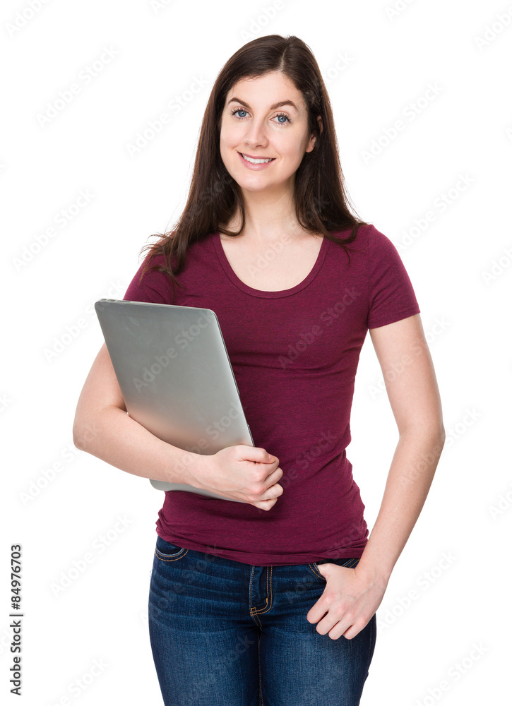 Brunette woman hold with laptop computer Brunette woman hold with laptop computer