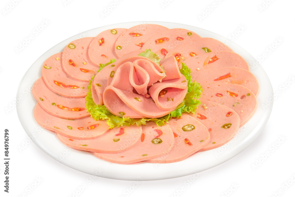 Spicy bologna in dish,white background