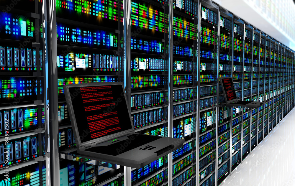 server room in datacenter, room equipped with data servers. LED lights flashing. 3D render - obrazy, fototapety, plakaty 