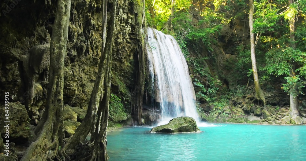 Tranquil and serene scene of waterfall falling in wild pond in jungle rainforest Tranquil and serene scene of waterfall falling in wild pond in jungle rainforest