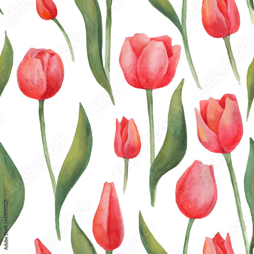 Seamless watercolor tulips pattern on white background #84980321