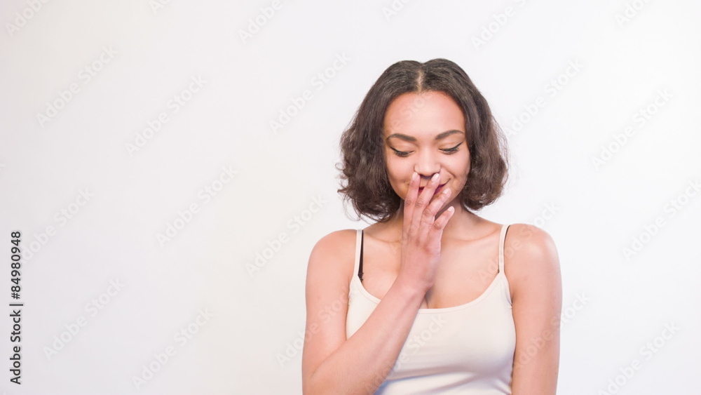 Surprised girl with hands near her chin Surprised girl with hands near her chin