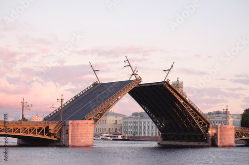 Landscape with the image of open Palace bridge from the Neva river in St. Petersburg, Russia,