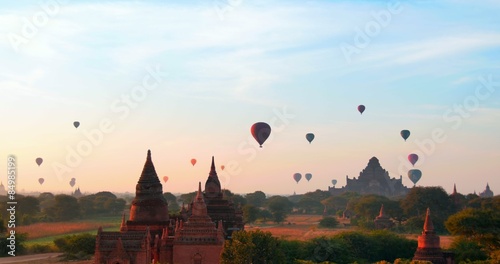 Ballons over Bagan, panorama of ancient site in Myanmar