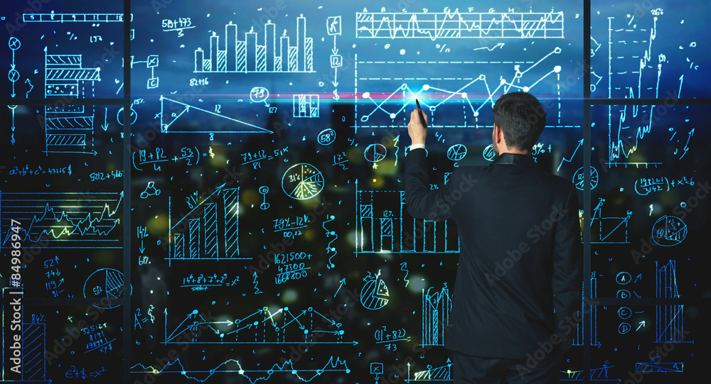 Drawing businessman with statistics background