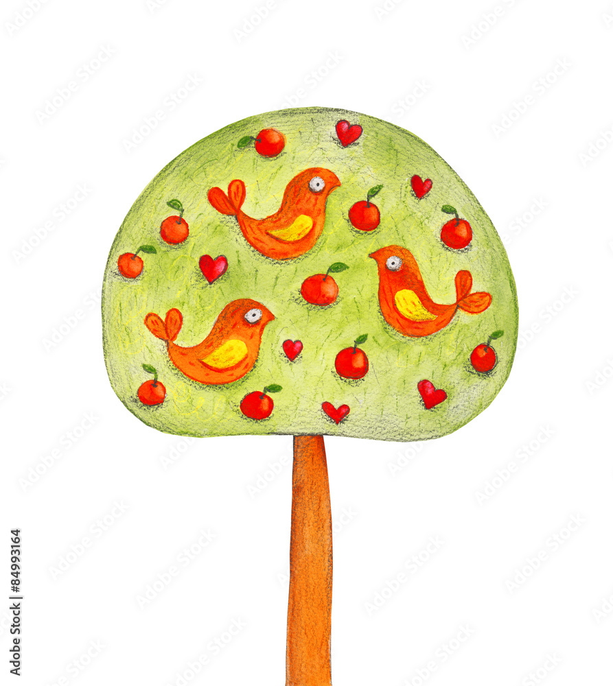 Tree with 3 birds and apples. Watercolor Tree with 3 birds and apples. Watercolor