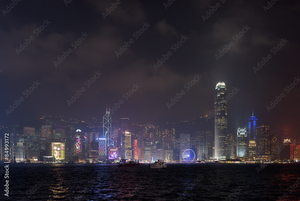 Night view of skyscrapers in business center of Hong Kong city