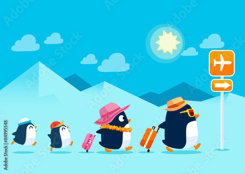 penguin family traveling on summer vacation