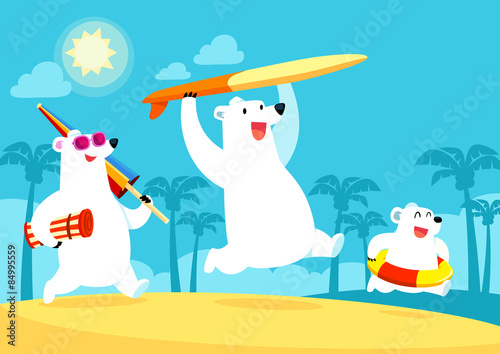 polar bear family on vacation at the beach