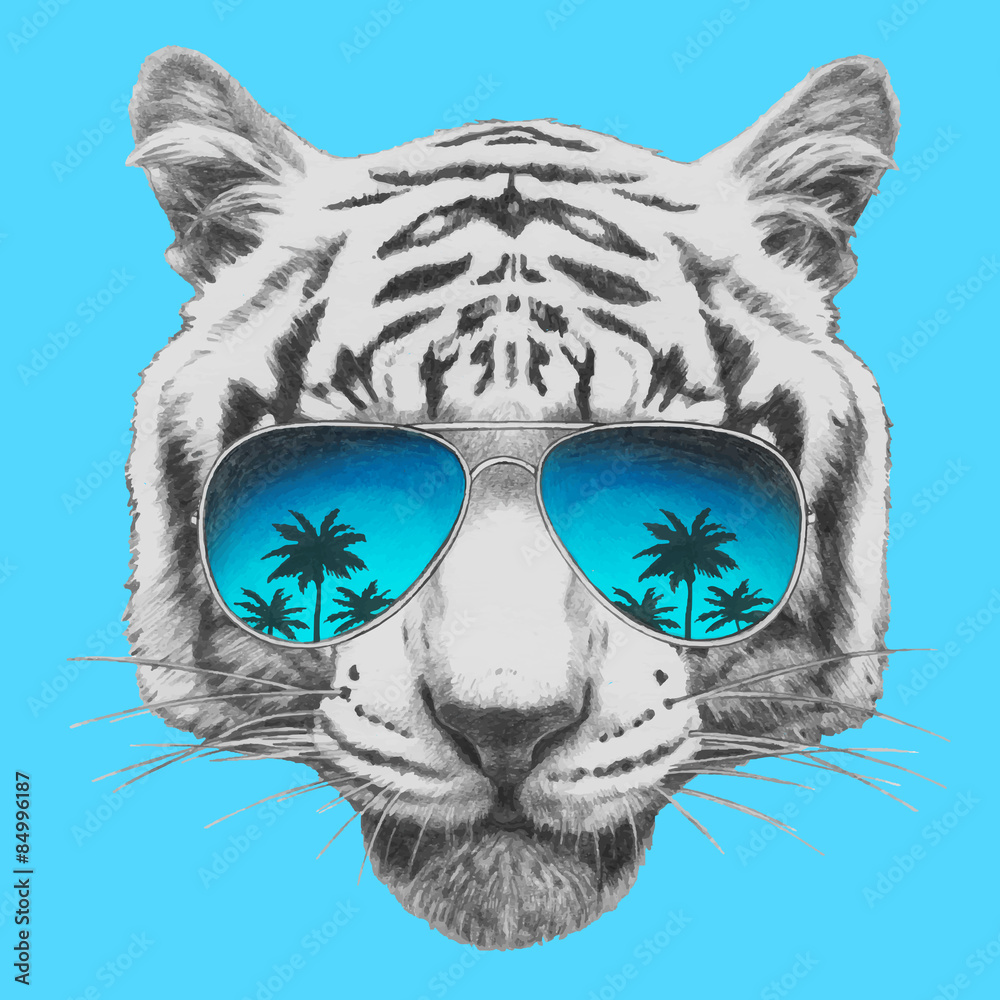 Hand drawn portrait of Tiger with mirror sunglasses. Vector isolated elements