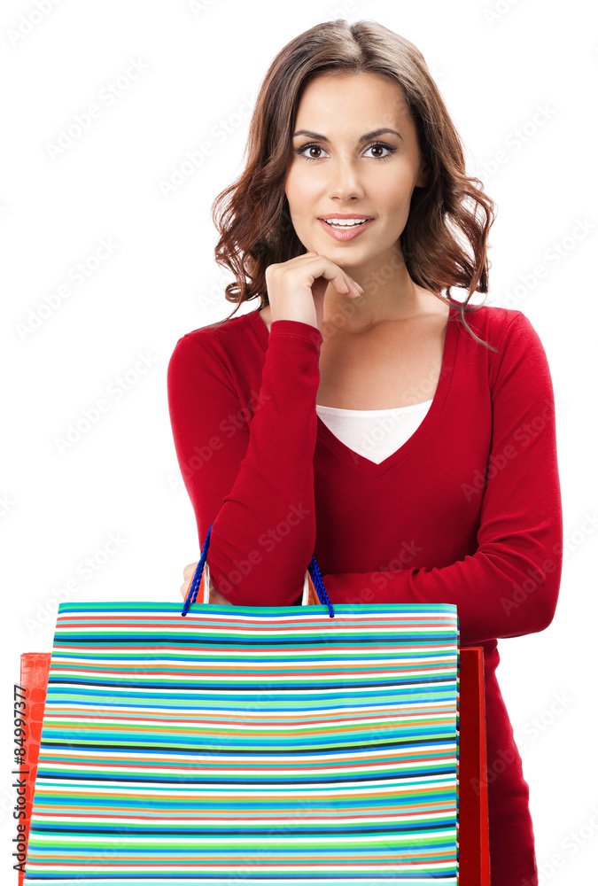 happy woman with shopping bags, isolated happy woman with shopping bags, isolated