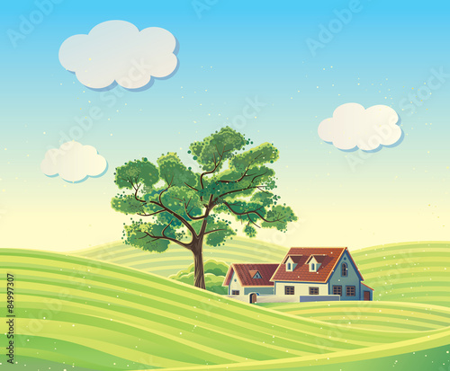Rural vector landscape with the house.