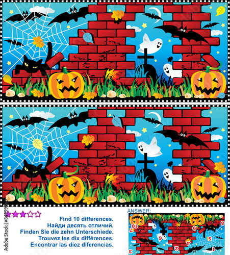 Visual puzzle: Find the ten differences between the two pictures - Halloween night, pumpkin field, ruines, cemetery, ghosts, bats, black cat, spider web. Answer included.
