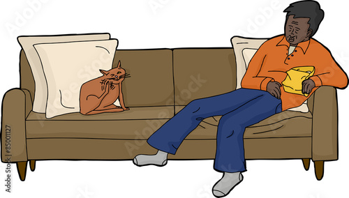 Isolated Sofa with Tired Man and Cat
