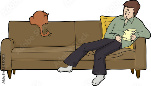 Tired Adult with Food and Cat