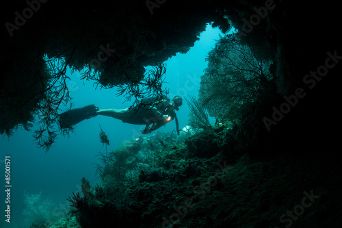 Deep Cave and Scuba Diver