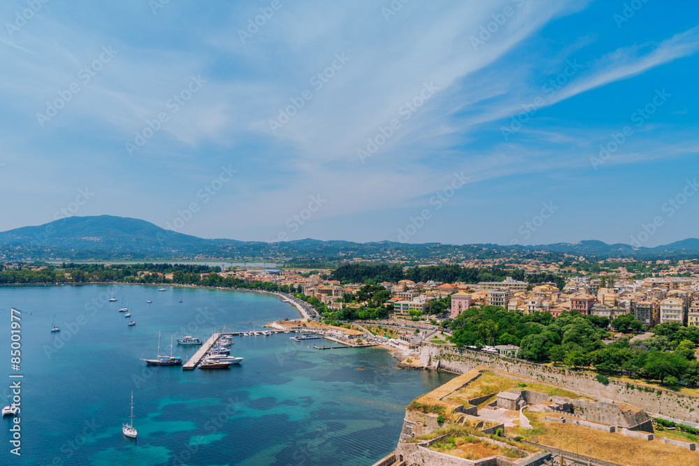  Aerial view of Corfu city as seen from the Old Fortress  on Corfu island, Greece.