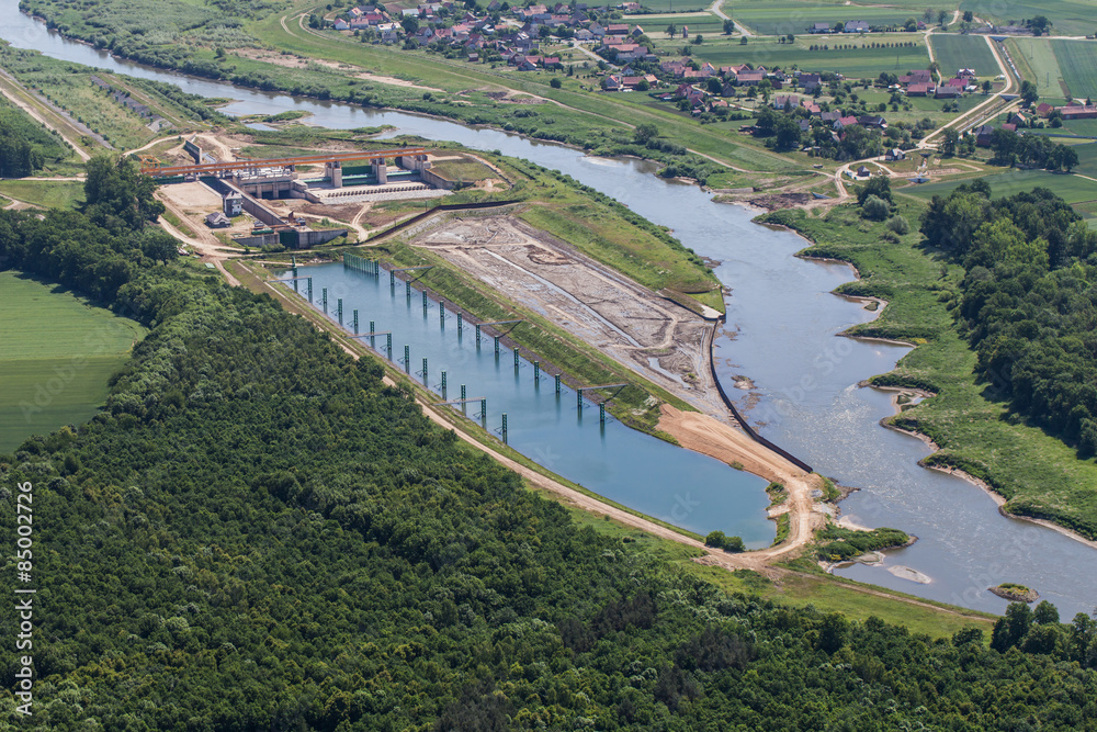 aerial view of the  the  Odra river near Brzeg Dolny town - obrazy, fototapety, plakaty 
