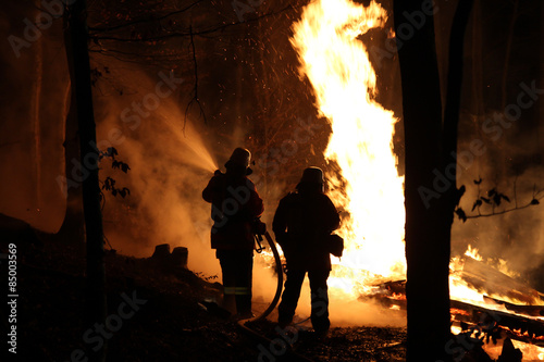 Feuerwehr im Einsatz, brennendes Holzhaus photo