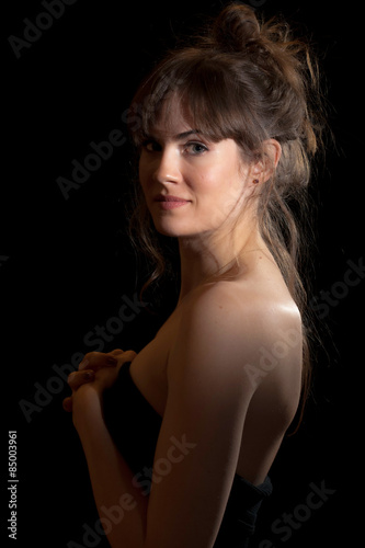 Tall Pretty Woman Model with Long Hair Isolated Black Background