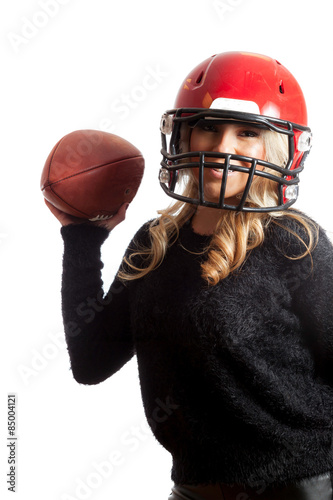 Pretty Blonde Girl Red Helmet Throwing Football Isolated Background