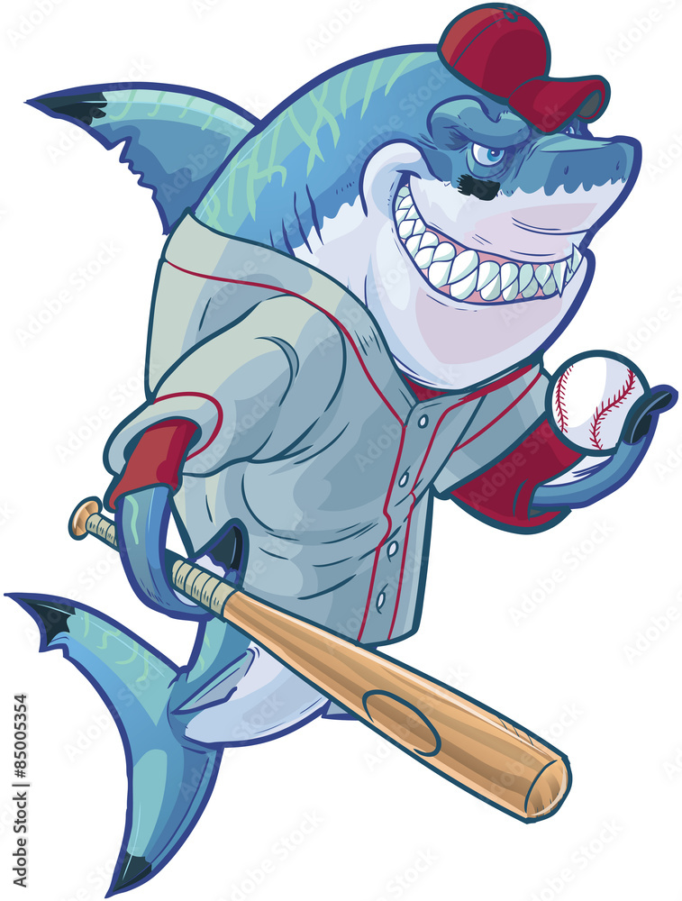Mean Cartoon Baseball Shark with Bat and Ball Stock Vector | Adobe Stock