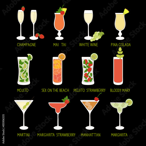  Set of Cocktails and Alcohol Drinks in black background.