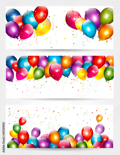 Three holiday birthday banners with balloons. Vector.