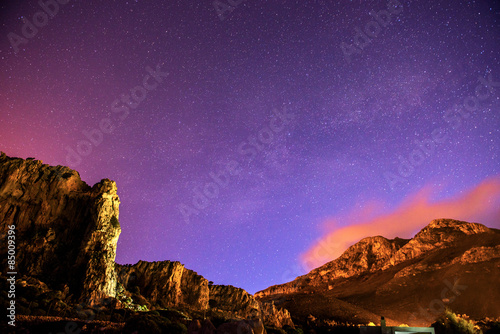 The starry sky above rocky mountains.
