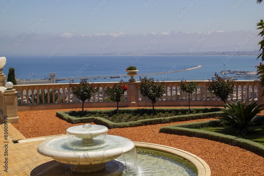 Naklejka premium City of Haifa in Israel from the Bahai Garden with fountains,View to Sea
