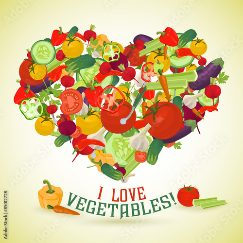 Heart made of different vegetables with the text below