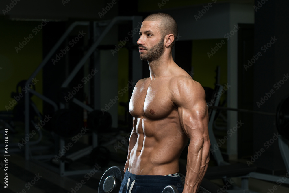 Bodybuilder Exercising Biceps With Dumbbells Bodybuilder Exercising Biceps With Dumbbells