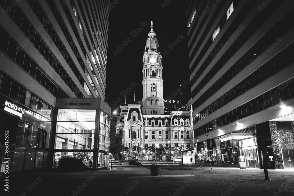 Penn Center and City Hall at night, in Philadelphia, Pennsylvani