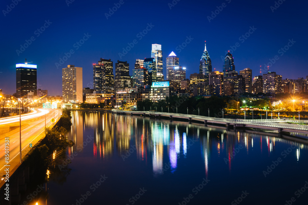 The Philadelphia skyline and Schuylkill River at night, seen fro