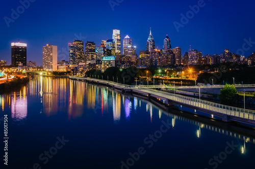 The Philadelphia skyline and Schuylkill River at night, seen fro