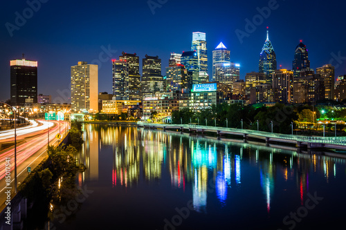 The Philadelphia skyline and Schuylkill River at night, seen fro