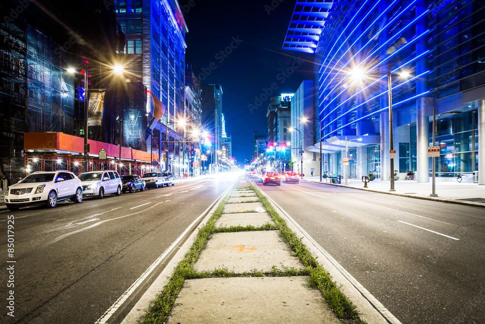 Broad Street at night, in Center City, Philadelphia, Pennsylvani