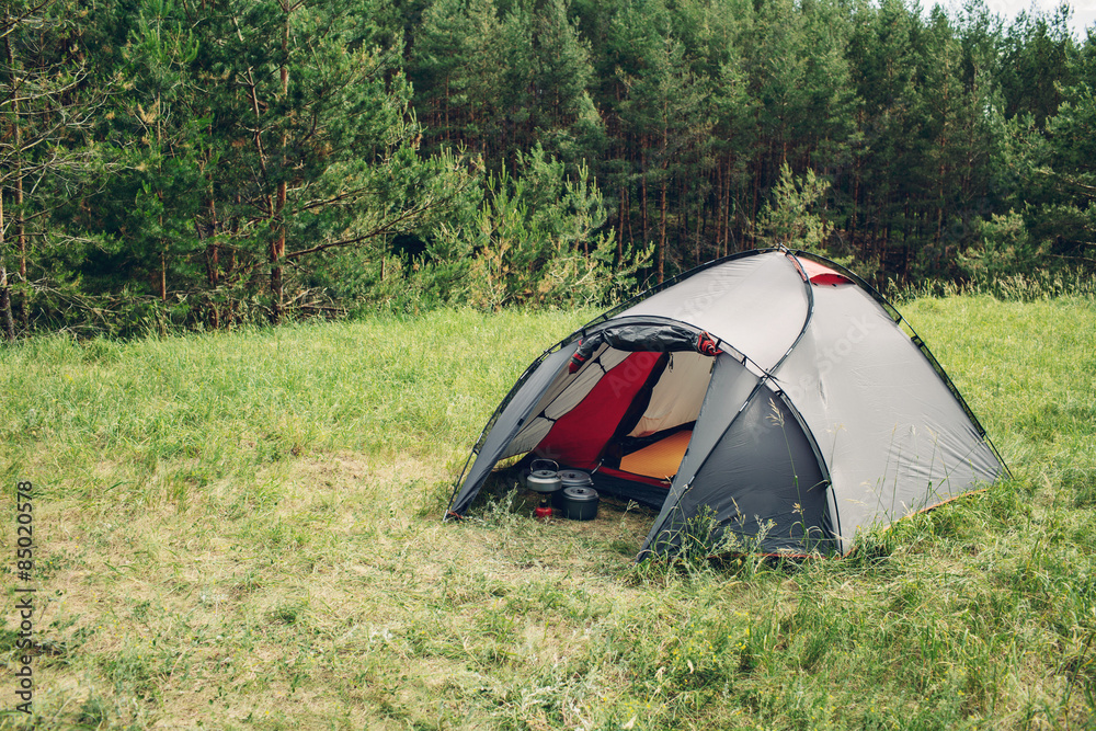  Grey tourist  tent in summer forest