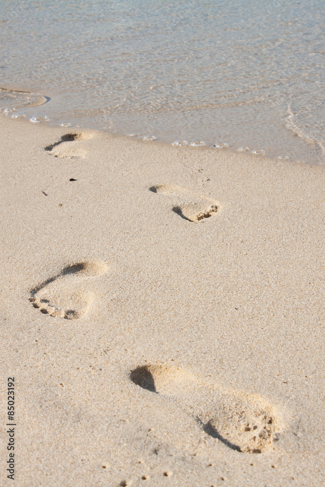 beach, wave and footsteps at sunset time beach, wave and footsteps at sunset time