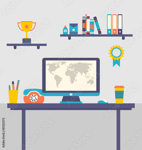 Flat design of office workspace creative worker