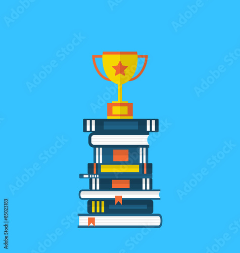 Flat icons of heap textbooks and cup of award