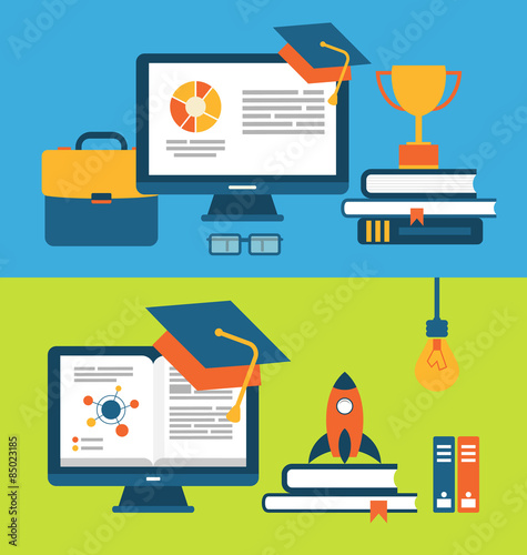 Banners with set of flat concept icons for education for all