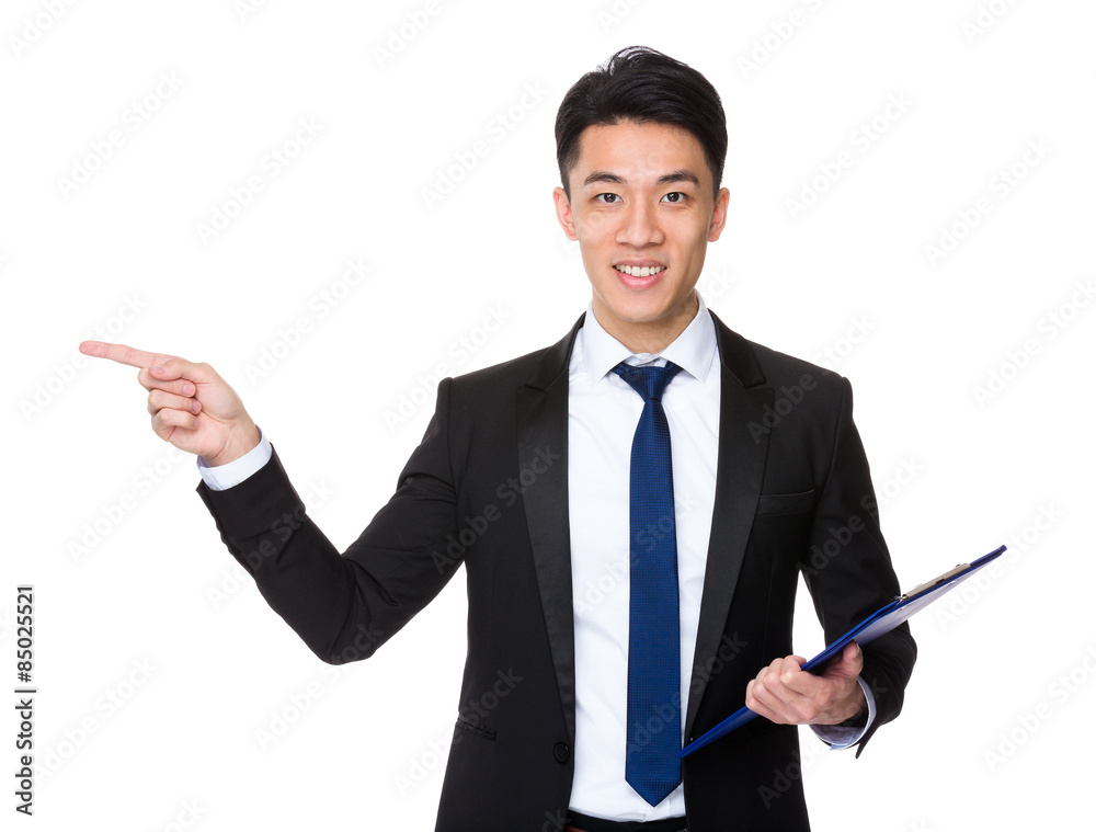 Businessman holding with clipboard and finger point up Businessman holding with clipboard and finger point up