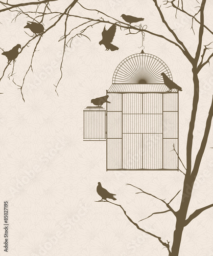 Vintage style card with bird silhouettes and birdcage