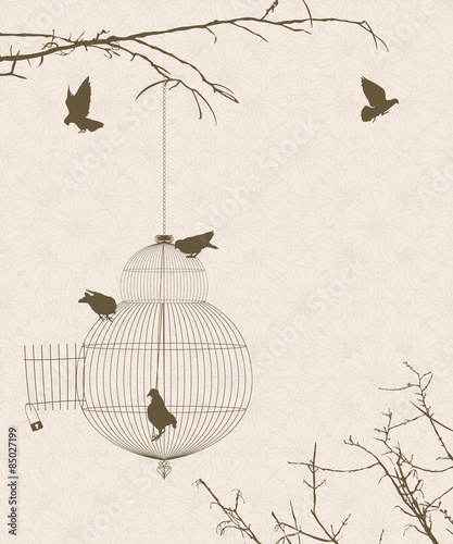 Vintage style card with bird silhouettes and birdcage