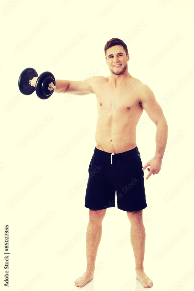 Muscular sports man weightlifting.